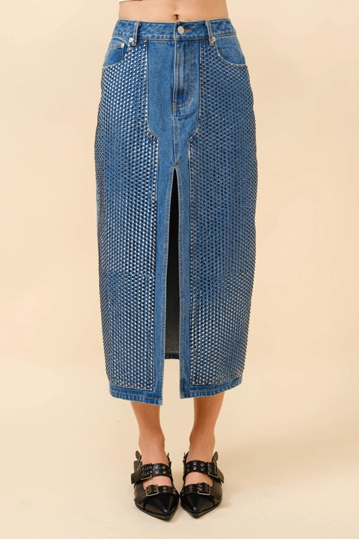 Embellished Stone Slit Midi Denim Skirt-Skirt-Blue B-S-MED WASH-Urbanheer