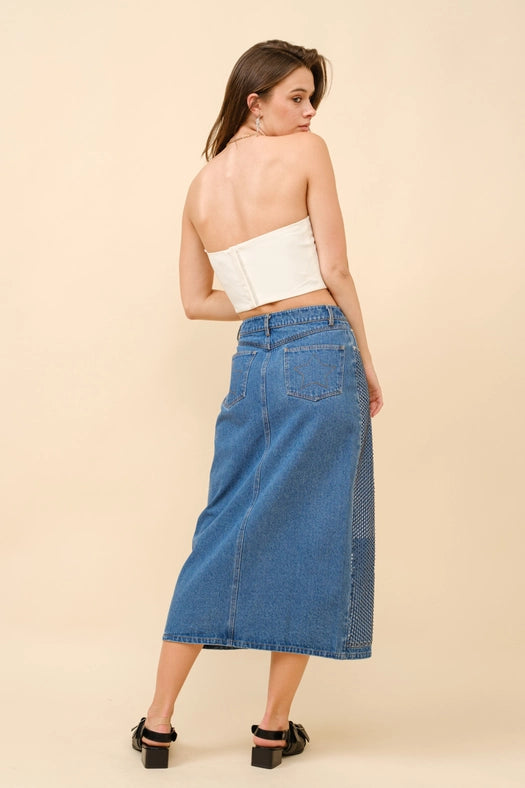 Embellished Stone Slit Midi Denim Skirt-Skirt-Blue B-S-MED WASH-Urbanheer