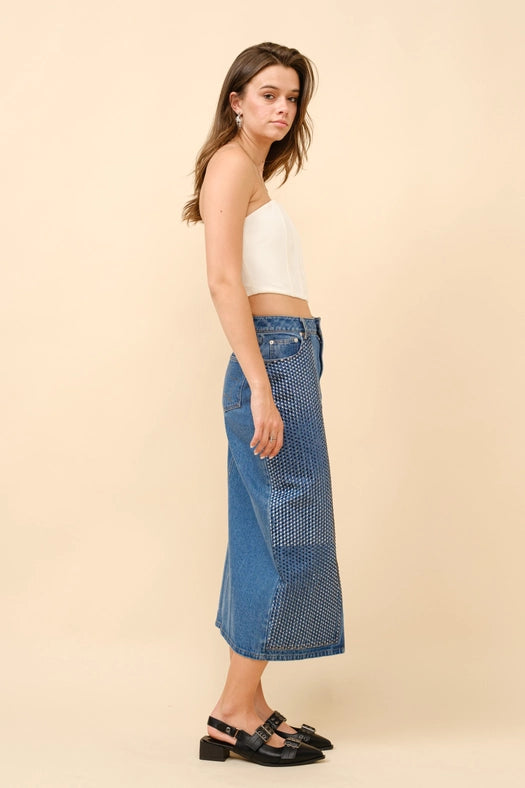 Embellished Stone Slit Midi Denim Skirt-Skirt-Blue B-S-MED WASH-Urbanheer