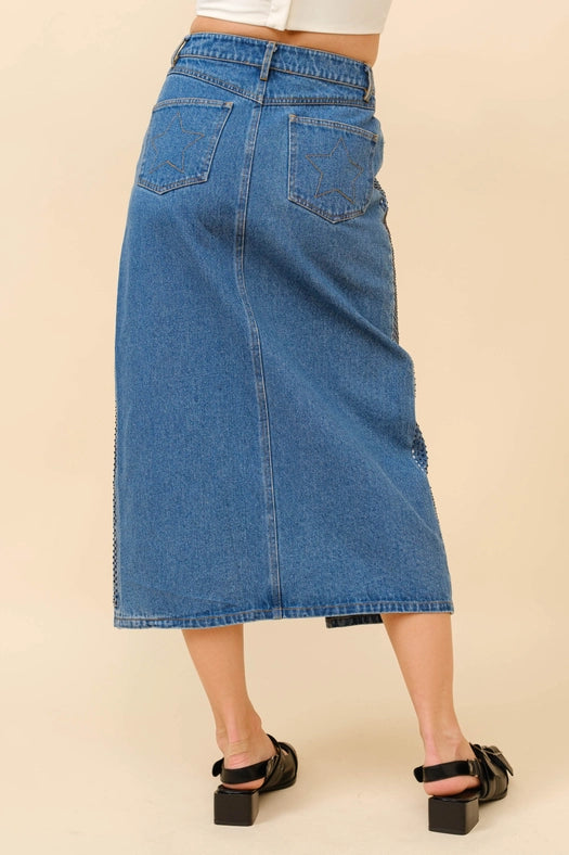 Embellished Stone Slit Midi Denim Skirt-Skirt-Blue B-S-MED WASH-Urbanheer