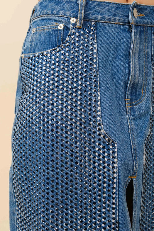 Embellished Stone Slit Midi Denim Skirt-Skirt-Blue B-S-MED WASH-Urbanheer