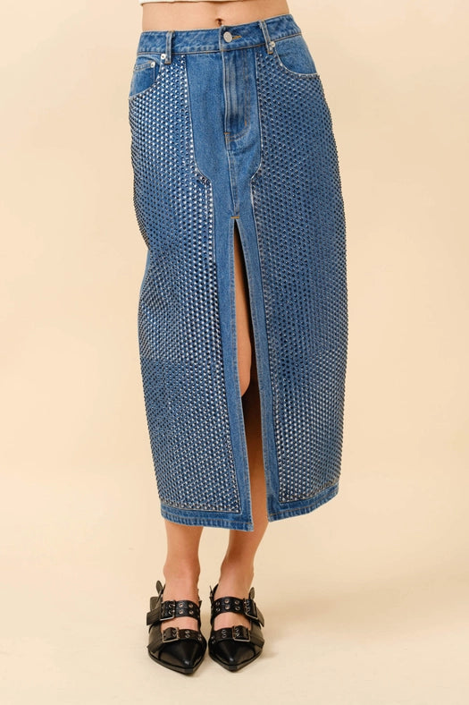 Embellished Stone Slit Midi Denim Skirt-Skirt-Blue B-S-MED WASH-Urbanheer
