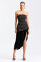 Embellished Tweed Strapless Asymmetrical Pleated Midi Dress - Black