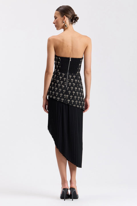 Embellished Tweed Strapless Asymmetrical Pleated Midi Dress - Black