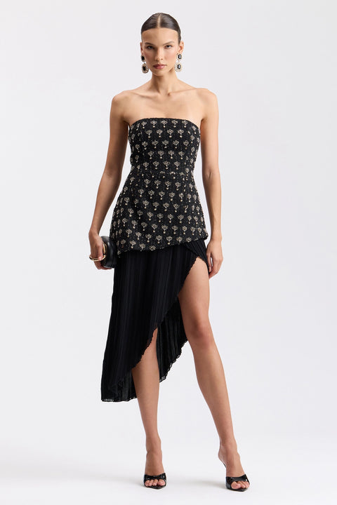 Embellished Tweed Strapless Asymmetrical Pleated Midi Dress - Black