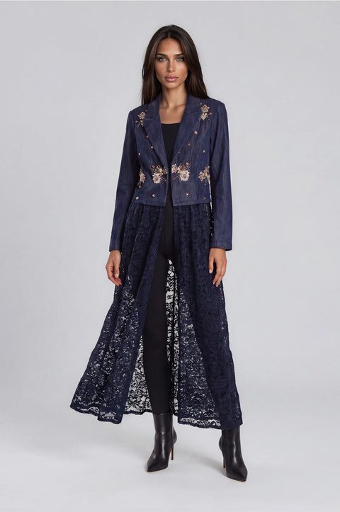 Embellished Velvet & Lace Duster Jacket