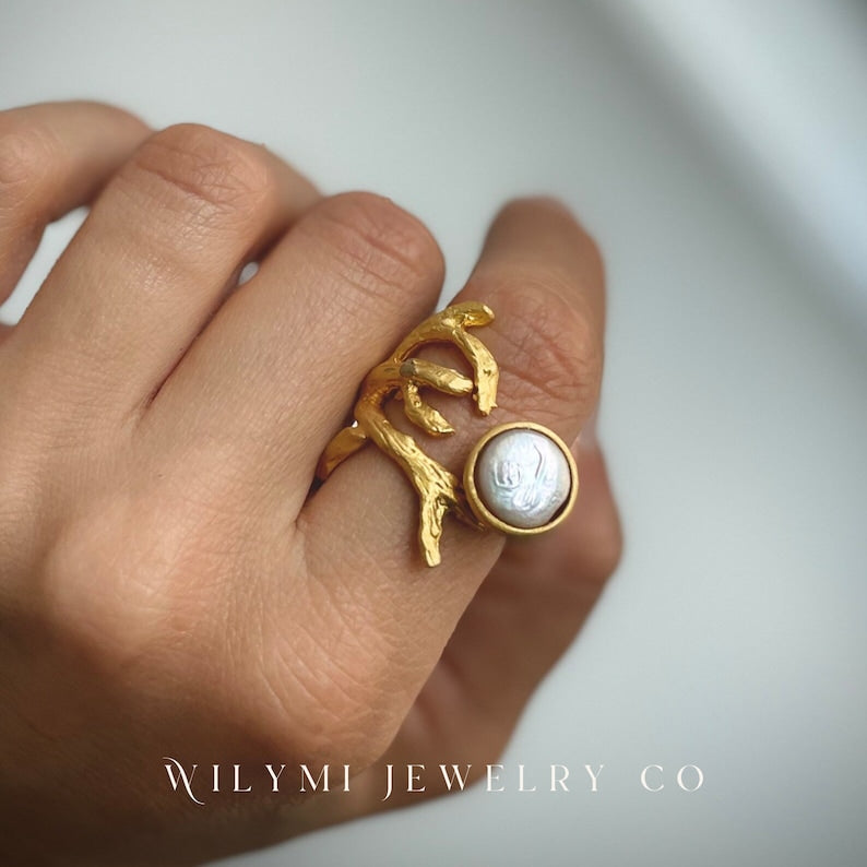 Embraced White Pearl Ring | 10x10mm | 24k Gold Filled-Ring-WILYMI Jewelry Co-1.1 in (2.8 cm)-Urbanheer