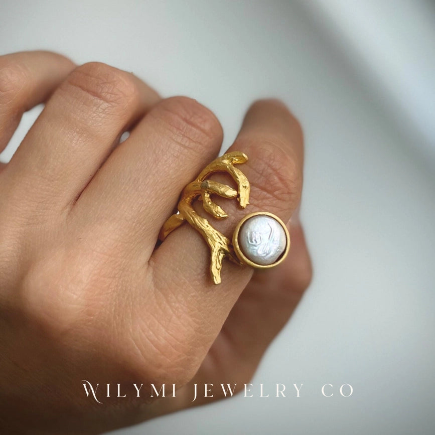 Embraced White Pearl Ring | 10x10mm | 24k Gold Filled-Ring-WILYMI Jewelry Co-1.1 in (2.8 cm)-Urbanheer