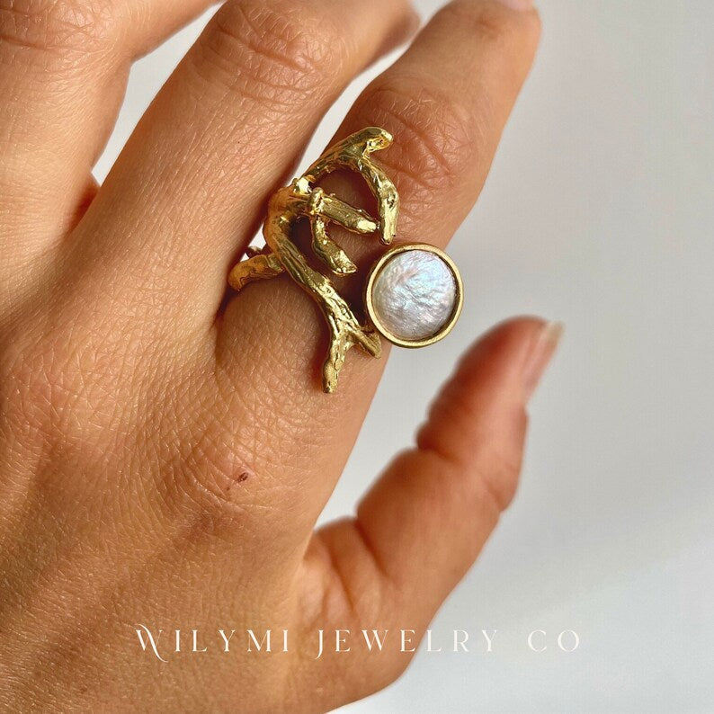Embraced White Pearl Ring | 10x10mm | 24k Gold Filled-Ring-WILYMI Jewelry Co-1.1 in (2.8 cm)-Urbanheer