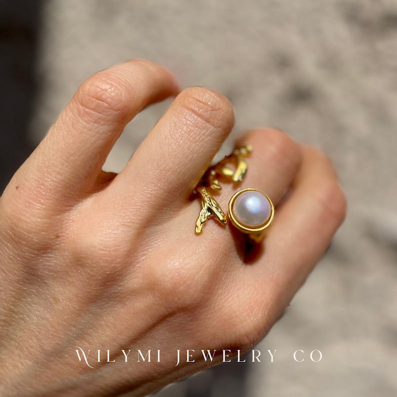 Embraced White Pearl Ring | 10x10mm | 24k Gold Filled-Ring-WILYMI Jewelry Co-1.1 in (2.8 cm)-Urbanheer