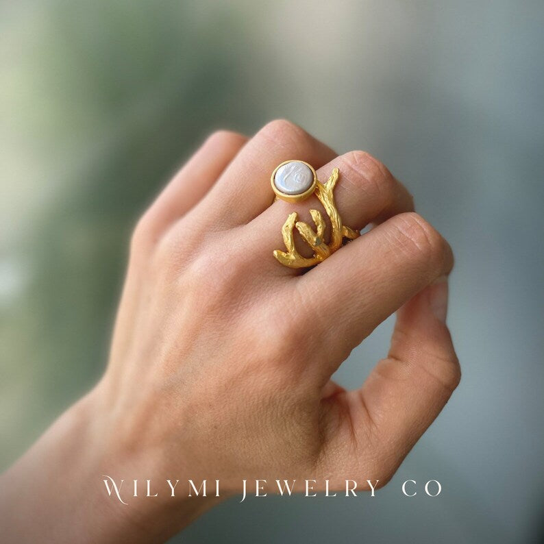 Embraced White Pearl Ring | 10x10mm | 24k Gold Filled-Ring-WILYMI Jewelry Co-1.1 in (2.8 cm)-Urbanheer
