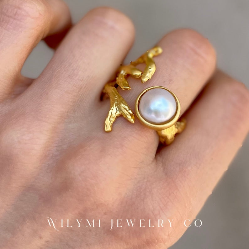 Embraced White Pearl Ring | 10x10mm | 24k Gold Filled-Ring-WILYMI Jewelry Co-1.1 in (2.8 cm)-Urbanheer