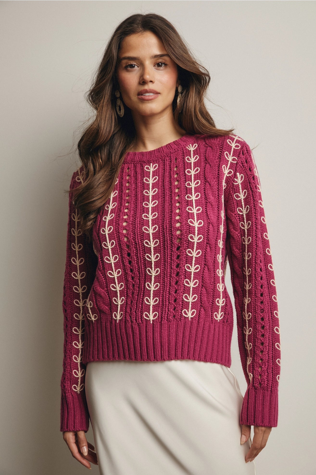 Embroidered Cable Knit Pullover in Magenta