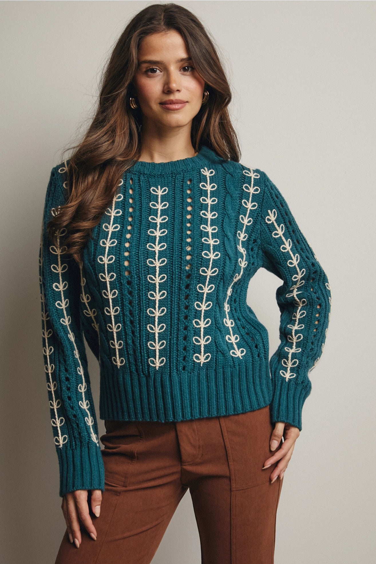 Embroidered Cable Knit Pullover in Teal