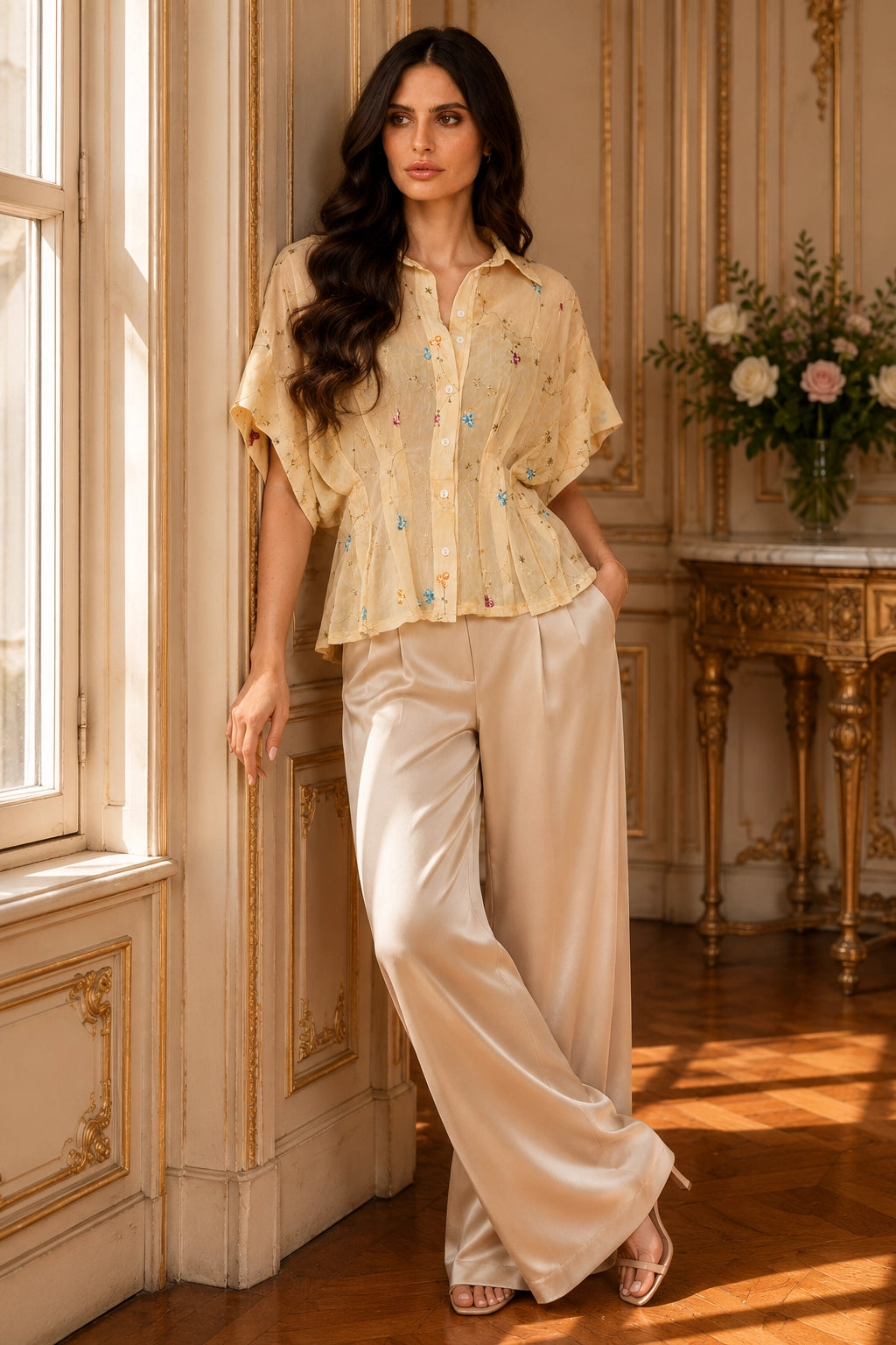 Embroidered Chiffon Button-Front Blouse