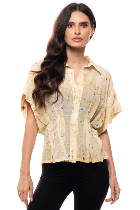 Embroidered Chiffon Button-Front Blouse