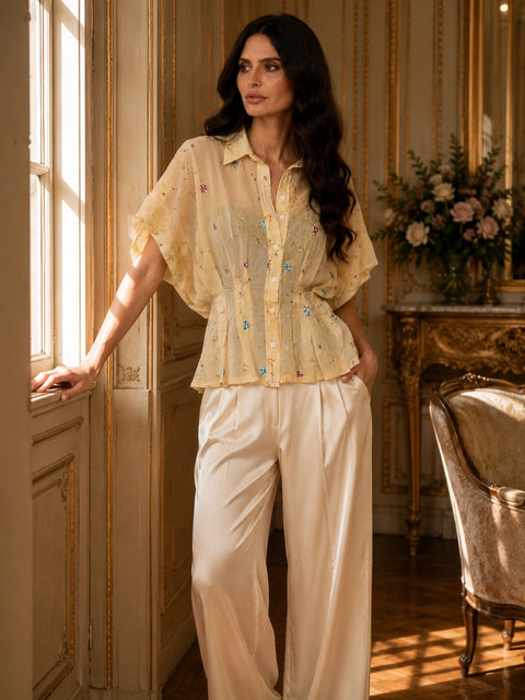 Embroidered Chiffon Button-Front Blouse