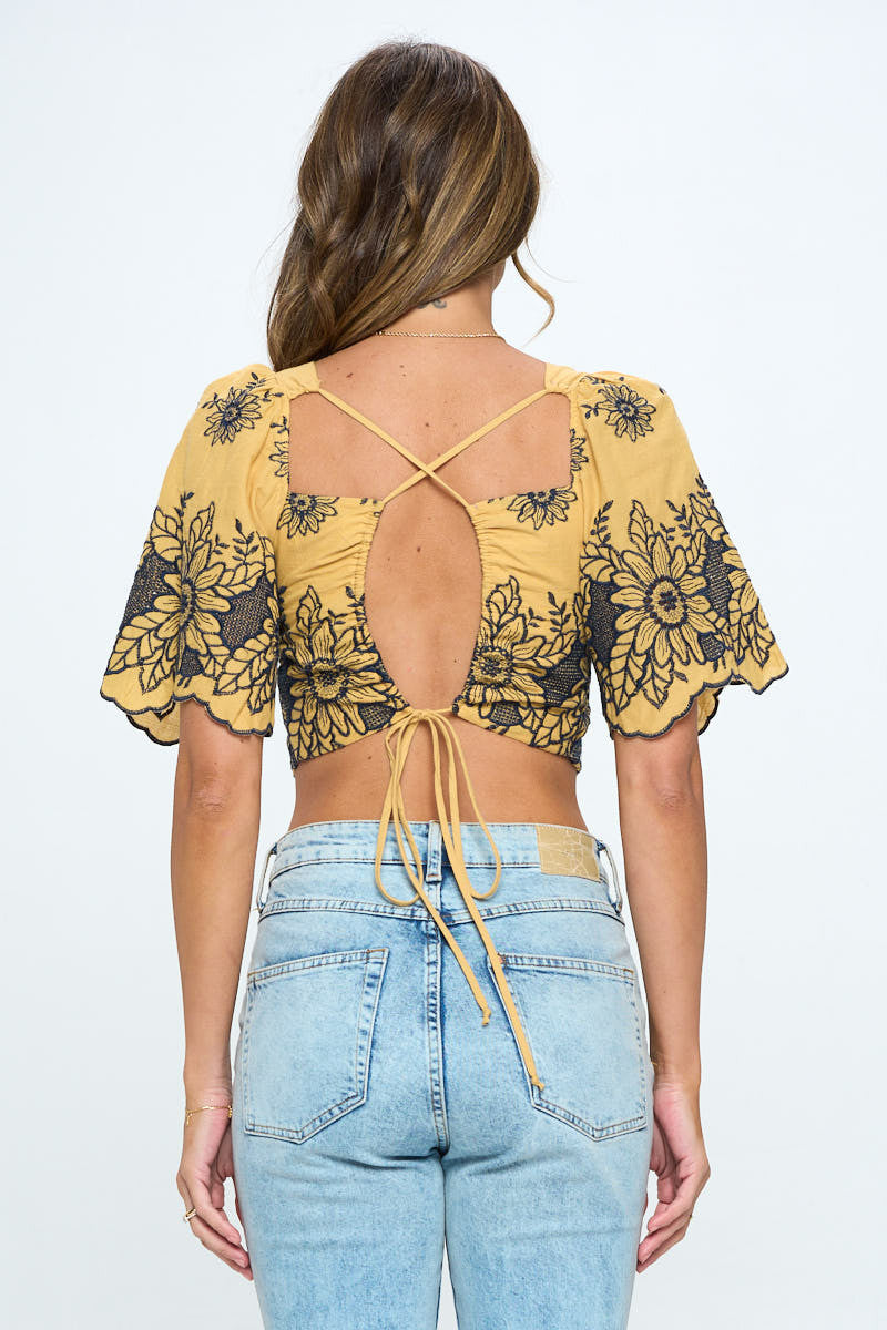 Embroidered Cotton Crop Top with Open Back-Tops-Reneecollection-Urbanheer
