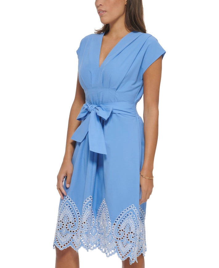 Embroidered Cotton Voile A-Line-Dress-Kensie Dresses-2-CHAMBRAY/BLUE-Urbanheer