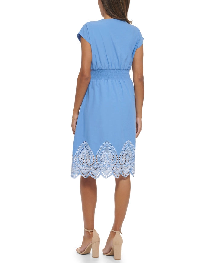 Embroidered Cotton Voile A-Line-Dress-Kensie Dresses-2-CHAMBRAY/BLUE-Urbanheer