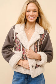 Embroidered Crop Sherpa Snap Jacket-Jacket-Blue B-S-CHARCOAL-Urbanheer