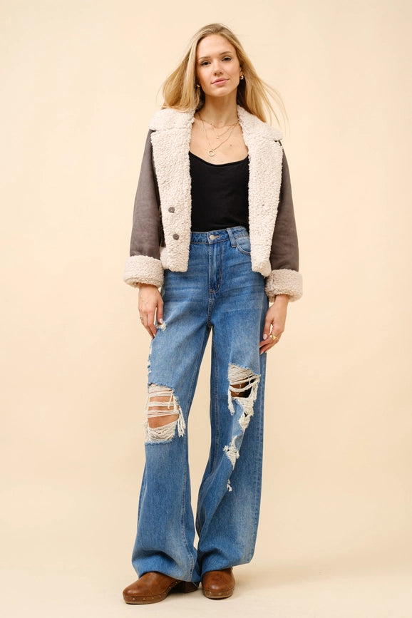 Embroidered Crop Sherpa Snap Jacket-Jacket-Blue B-S-CHARCOAL-Urbanheer