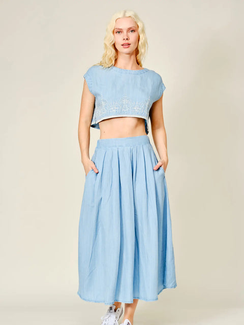 Embroidered Denim Crop Top and Skirt Set