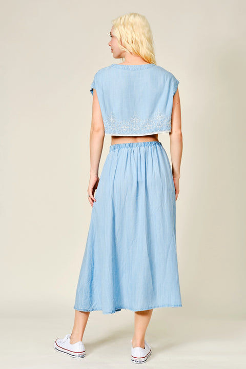 Embroidered Denim Crop Top and Skirt Set