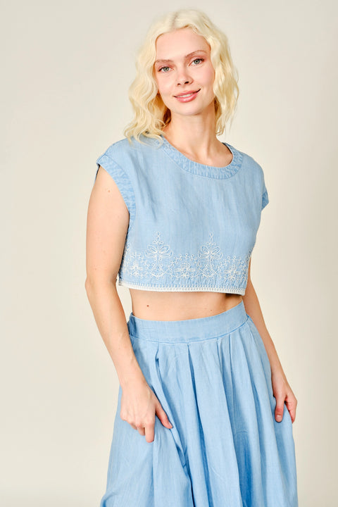 Embroidered Denim Crop Top and Skirt Set