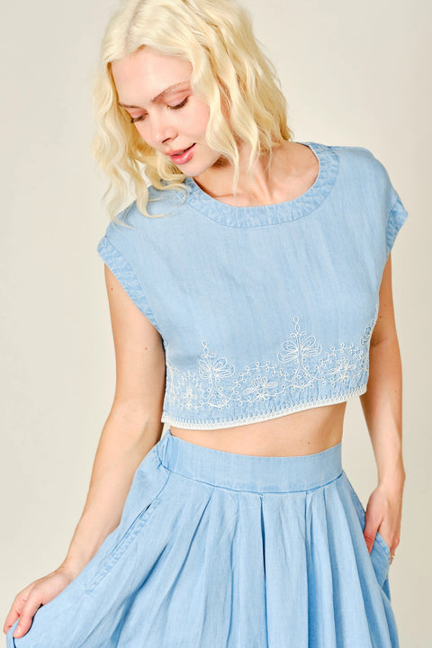 Embroidered Denim Crop Top and Skirt Set