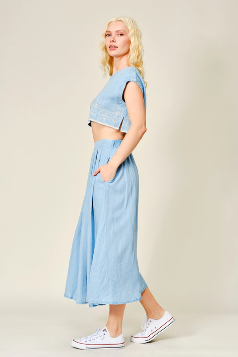 Embroidered Denim Crop Top and Skirt Set