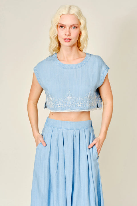 Embroidered Denim Crop Top and Skirt Set