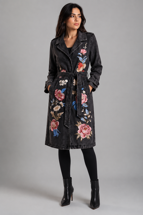Embroidered Denim Trench Coat