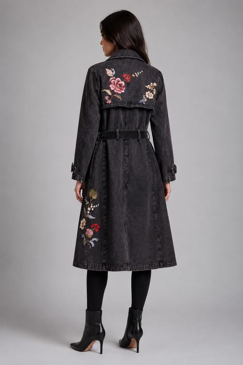Embroidered Denim Trench Coat
