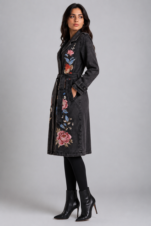 Embroidered Denim Trench Coat