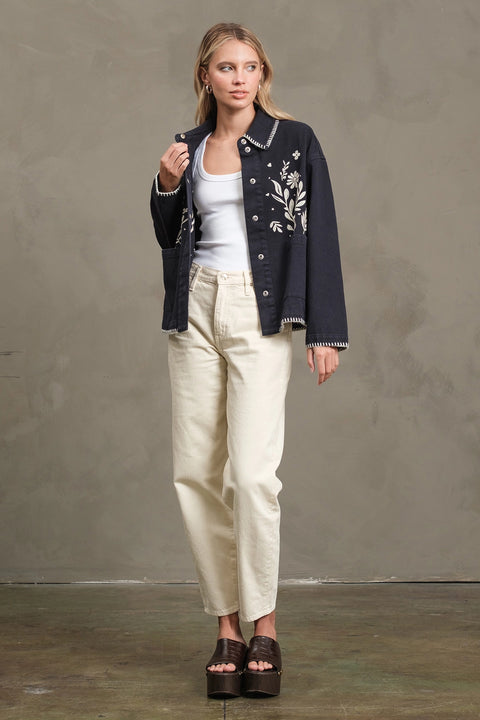 Embroidered Folk Jacket - Navy
