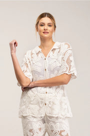 Embroidered Knitted Shirt with Short Sleeve Buttons-Shirt-Tantra-S-White-Urbanheer