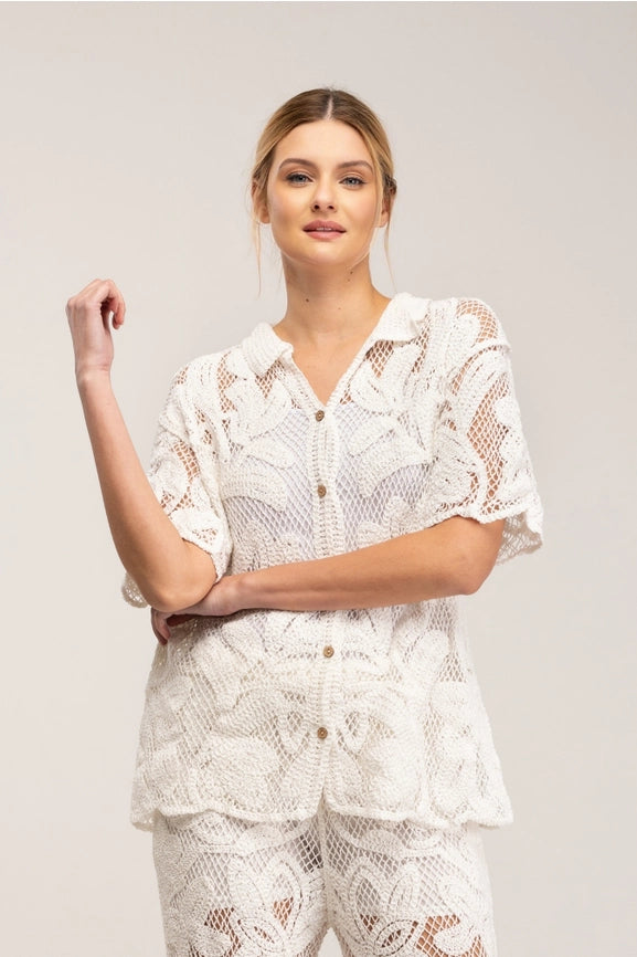 Embroidered Knitted Shirt with Short Sleeve Buttons-Shirt-Tantra-S-White-Urbanheer
