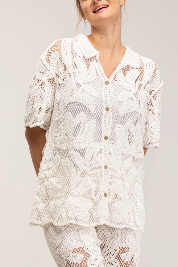 Embroidered Knitted Shirt with Short Sleeve Buttons-Shirt-Tantra-S-White-Urbanheer