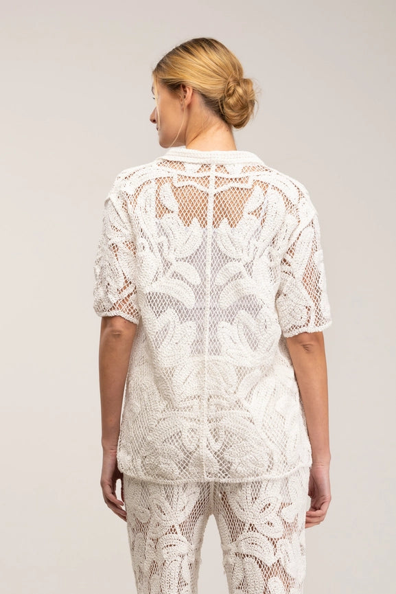 Embroidered Knitted Shirt with Short Sleeve Buttons-Shirt-Tantra-S-White-Urbanheer