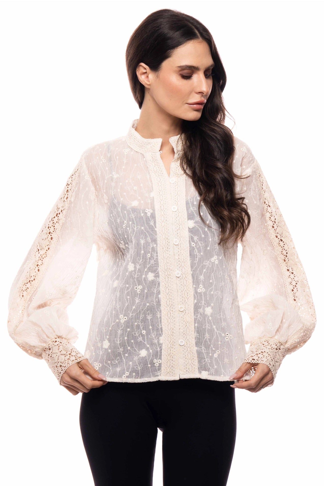 Embroidered Lace Button-Front Blouse