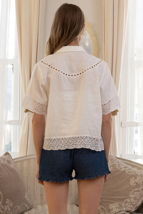 Embroidered Lace Trim Button Blouse