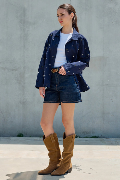Embroidered Lightweight Button-Up Jacket