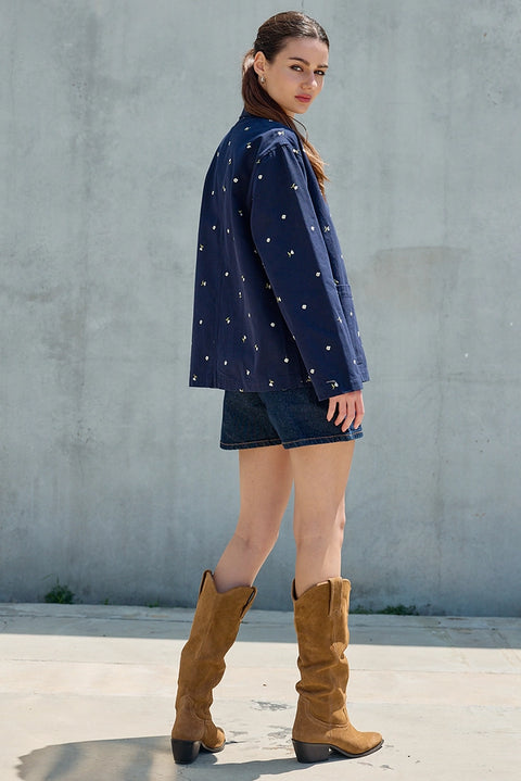 Embroidered Lightweight Button-Up Jacket