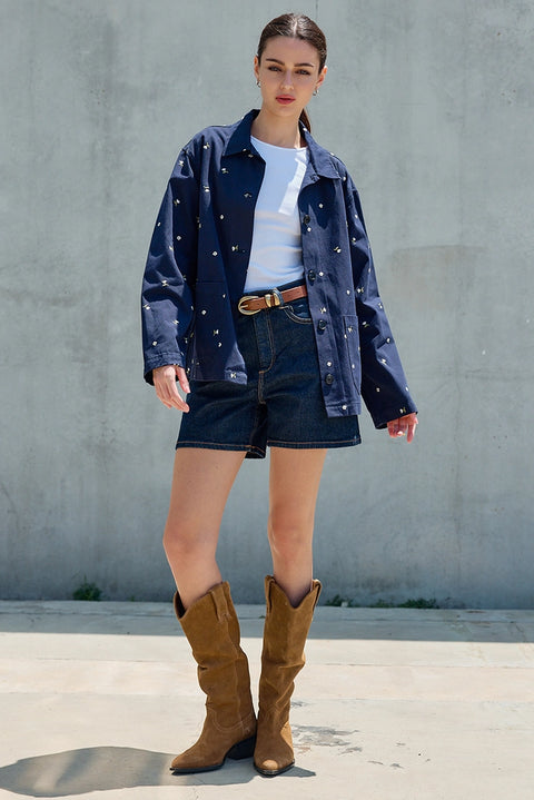 Embroidered Lightweight Button-Up Jacket