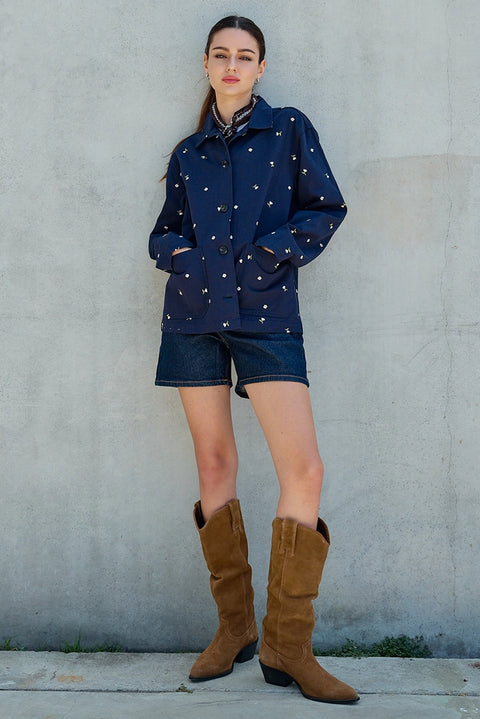 Embroidered Lightweight Button-Up Jacket