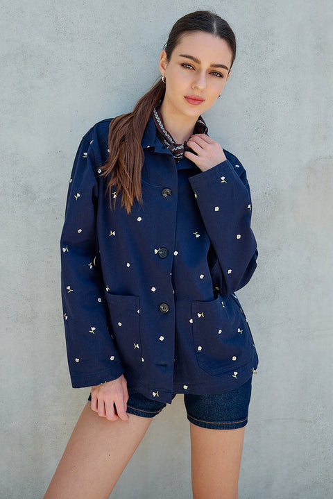 Embroidered Lightweight Button-Up Jacket