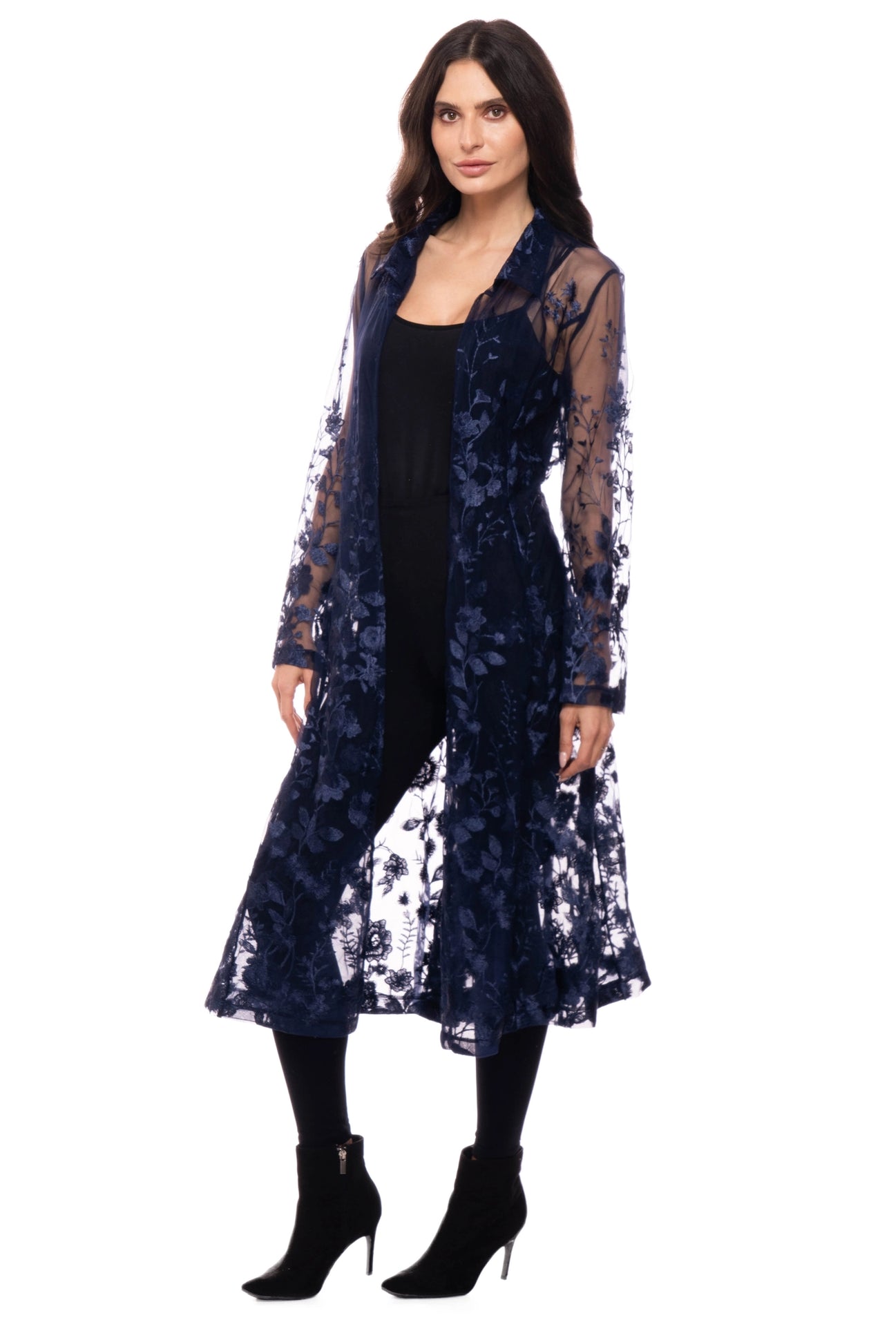 Embroidered Mesh Duster Jacket - Navy
