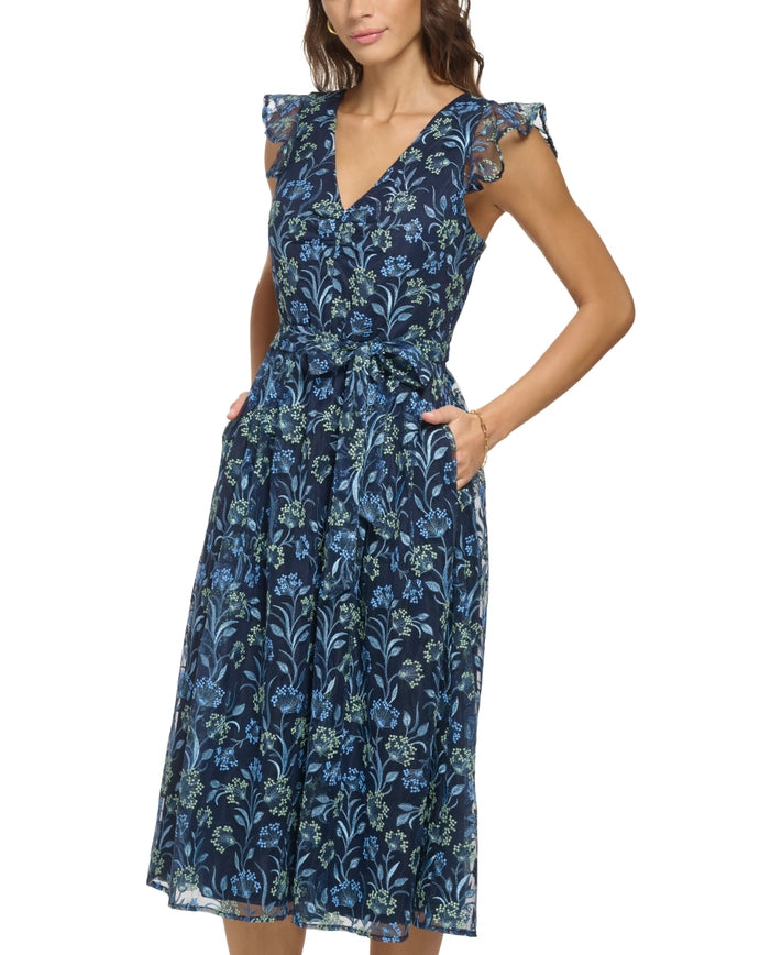 Embroidered Mesh Midi-Dress-Kensie Dresses-2-NAVY/GREEN MESH-Urbanheer