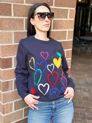 Embroidered Multi Colored Hearts Navy Sweater-Sweater-Moving Forward Designs-S-Urbanheer